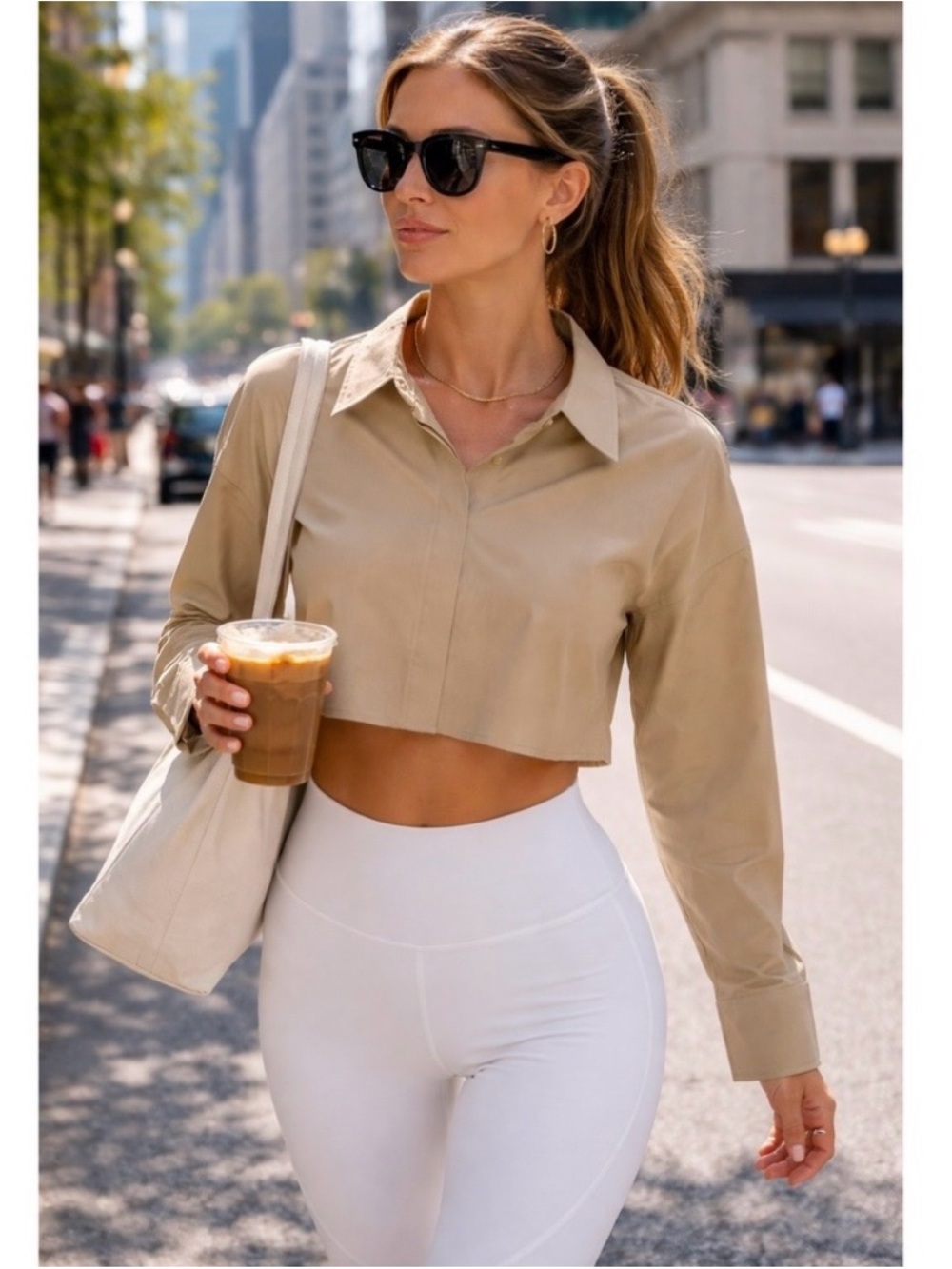 NWT Athleta Midday Ultra Cropped Shirt Tan Women’s Large Buttondown Performance